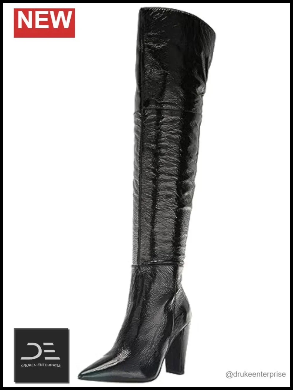 Leather Over-the-Knee Bootie with Zipper Closure Pointed Toe Flare Heel